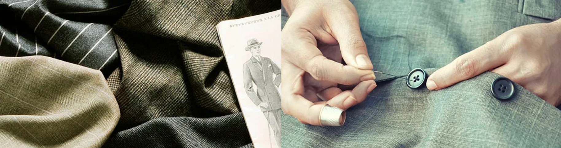Curated StudioSuits fabrics beside a tailor hand-stitching a button on a linen jacket